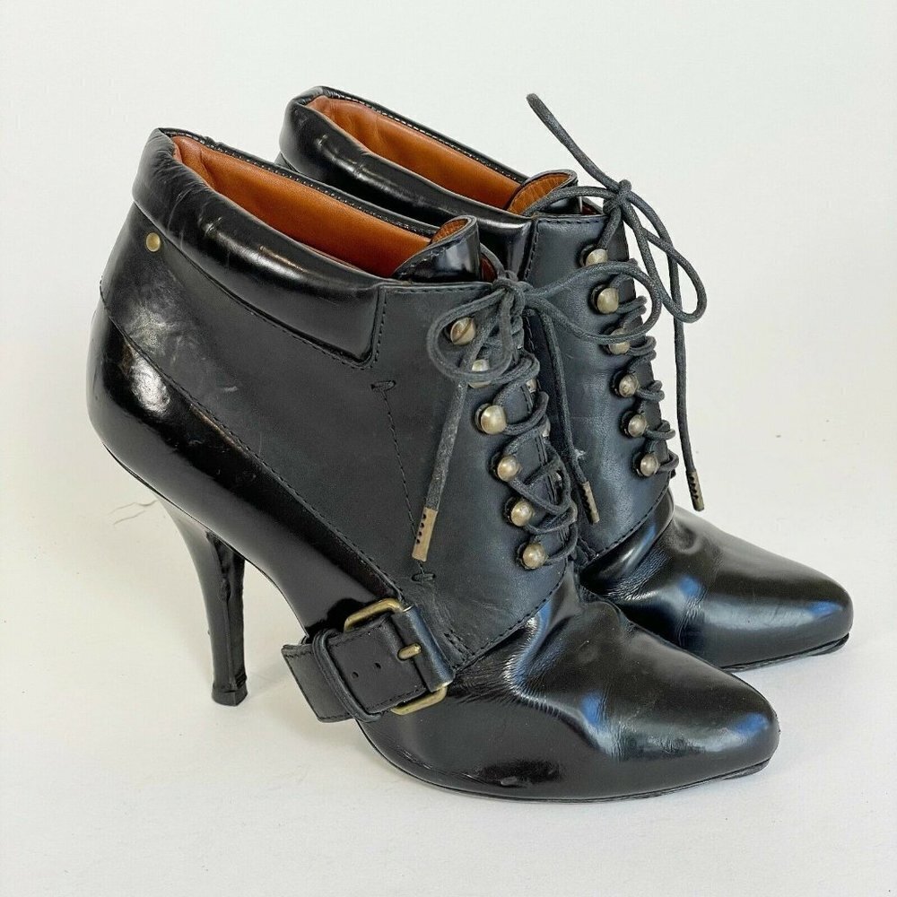 Givenchy Womens Buckle Lace Up Ankle Bootie Heels Black‎ Sz 36.5 Leather Pointed